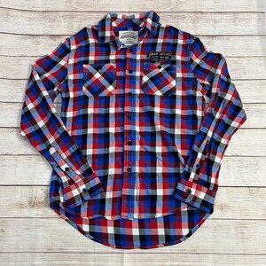 Aeropostale‎ Mens Small Red Blue White Plaid Flannel Button Shirt Long Sleeve